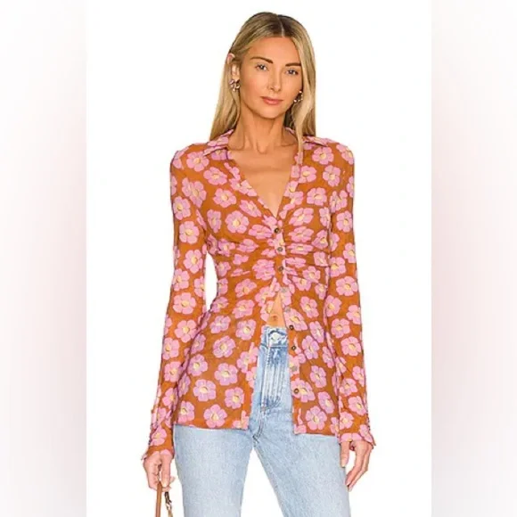 NWOT FREE PEOPLE LUCKY FLOWER SHIRT - Picture 2 of 7